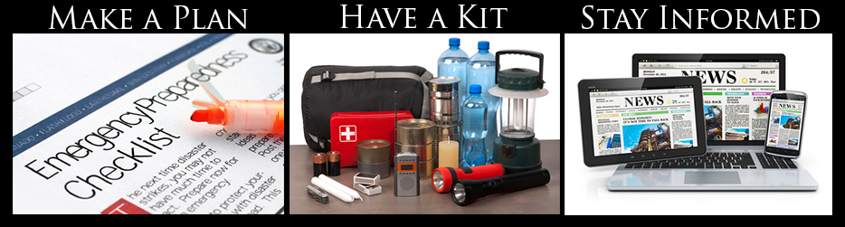 Image with 3 pictures - preparedness checklist and red pen, emergency kit, and computer screen
