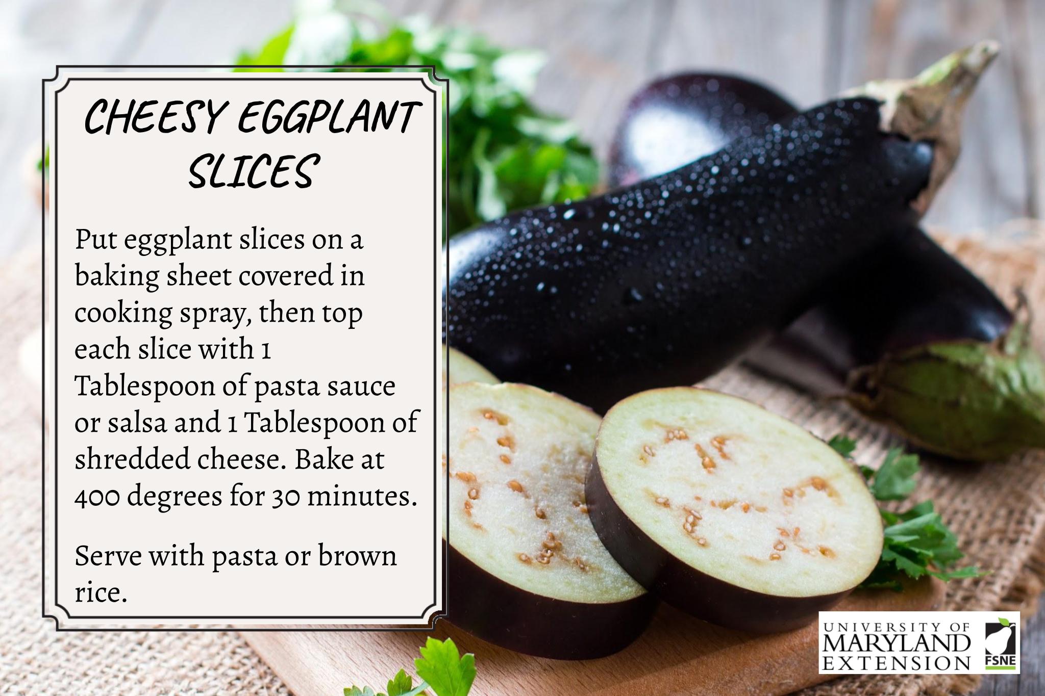 picture of sliced eggplant with recipe for cheesy eggplant