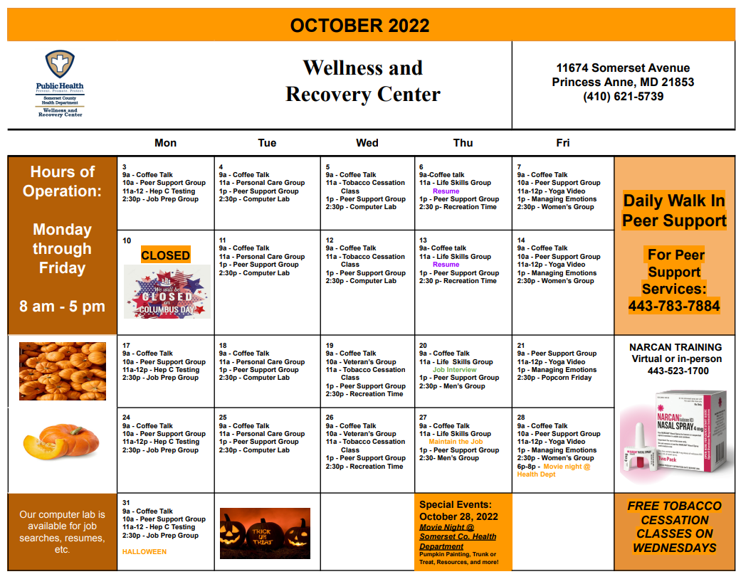 SOMERSET WELLNESS & RECOVERY CENTER OCTOBER 2022 CALENDAR